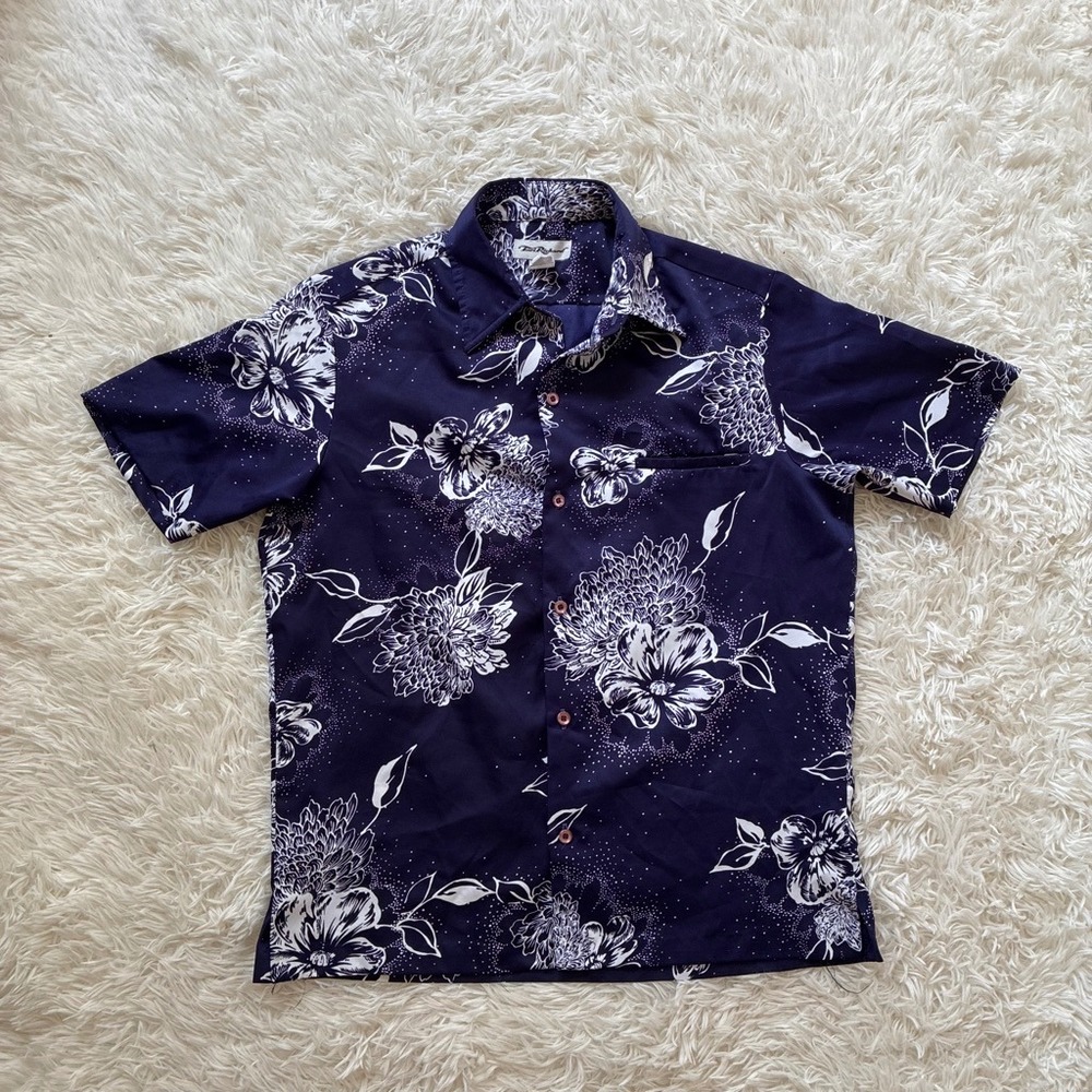 Tori Richard Vintage Navy Blue Floral Button Down Shirt Short Sleeve Size S
